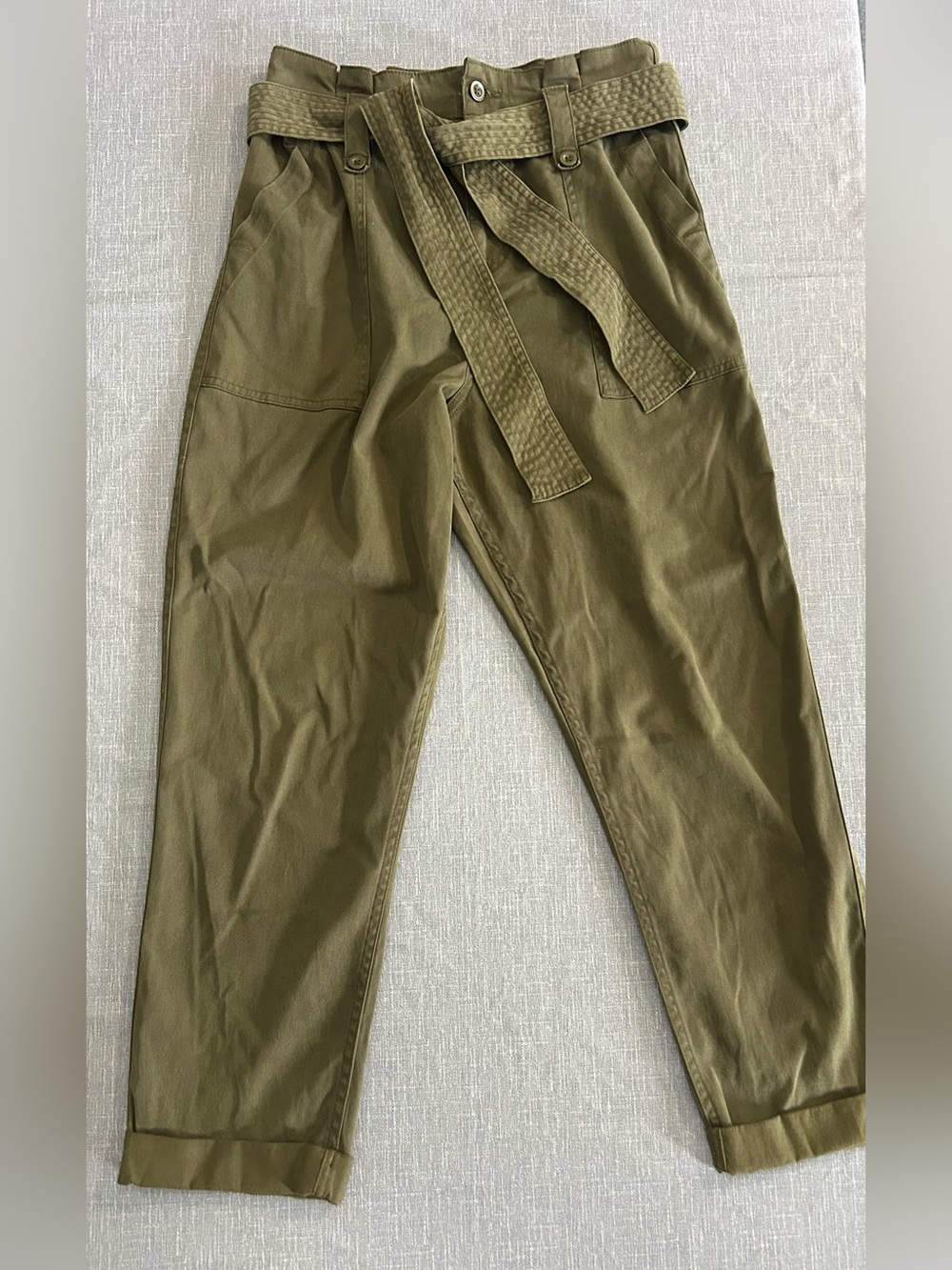 Topshop Olive Belted Cropped Pants Soft Draping Tencel Blend Preppy Casual